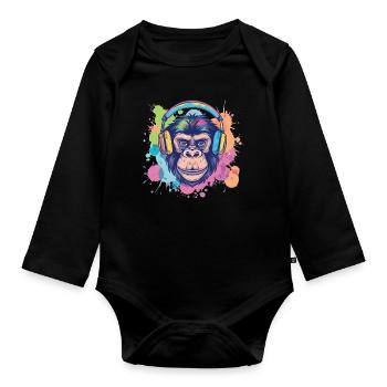 Singe Avec Casque Décoration Femme Cadeau Homme - Body Bébé bio manches longues - noir - Devant