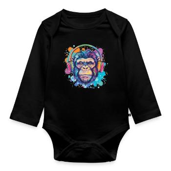 Singe Avec Casque Décoration Femme Cadeau Homme - Body Bébé bio manches longues - noir - Devant