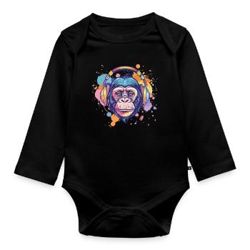 Singe Avec Casque Décoration Femme Cadeau Homme - Body Bébé bio manches longues - noir - Devant