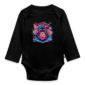 Singe Avec Casque Décoration Femme Cadeau Homme - Body Bébé bio manches longues - noir - Devant
