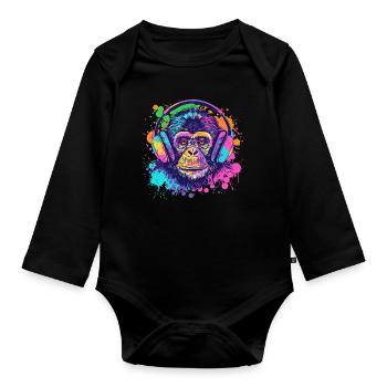 Singe avec casque Décoration femme Cadeau pour homme - Body Bébé bio manches longues - noir - Devant