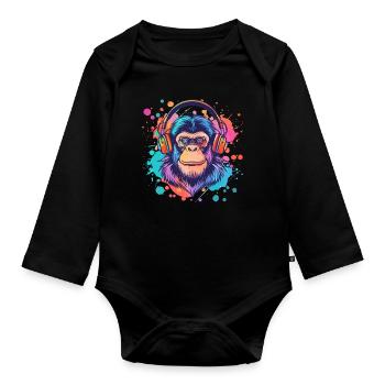 Singe avec casque Décoration femme Cadeau pour homme - Body Bébé bio manches longues - noir - Devant
