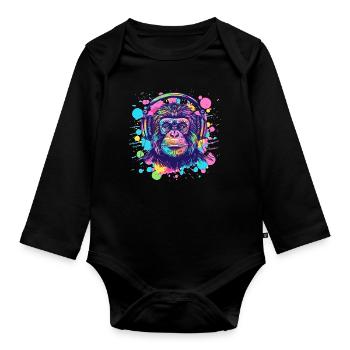 Singe avec casque Décoration femme Cadeau pour homme - Body Bébé bio manches longues - noir - Devant