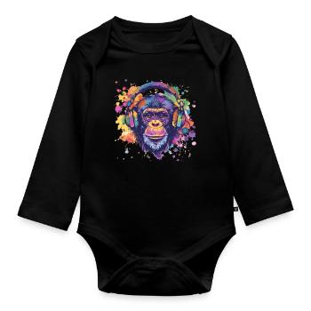 Singe avec casque Décoration femme Cadeau pour homme - Body Bébé bio manches longues - noir - Devant