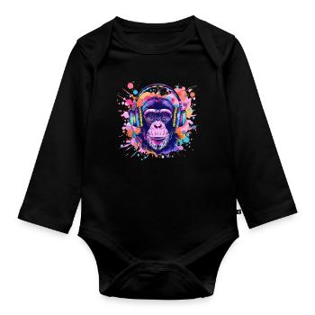 Singe Avec Casque Décoration Femme Cadeau Homme - Body Bébé bio manches longues - noir - Devant