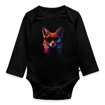 Fuchs mit Sonnenbrille in Regenbogenfarbe - Baby Bio-Langarm-Body - Schwarz - Vorne