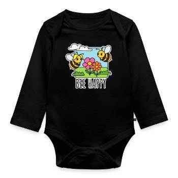 Bee Happy happy bees in the flower meadow - Organic Longsleeve Baby Bodysuit - black - Front