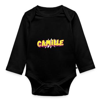 Camille Nom personnalisé Style BD Pop Art, - Body Bébé bio manches longues - noir - Devant