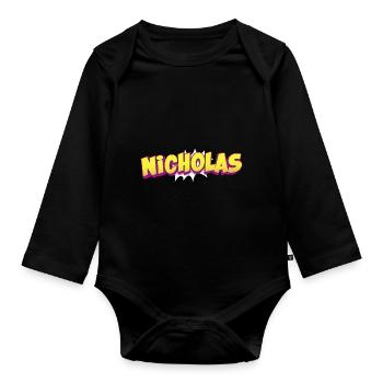 Nicholas Nom personnalisé Style bande dessinée Pop Art, - Body Bébé bio manches longues - noir - Devant