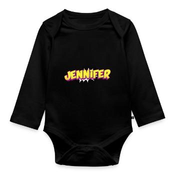 Jennifer Benutzerdefinierter Name Comic-Stil Pop-Art, - Baby Bio-Langarm-Body - Schwarz - Vorne
