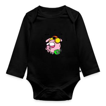 Piggy Edek with Walkman - Organic Longsleeve Baby Bodysuit - black - Front