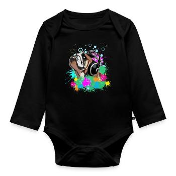 Englische Bulldogge mit Kopfhörern - Baby Bio-Langarm-Body - Schwarz - Vorne