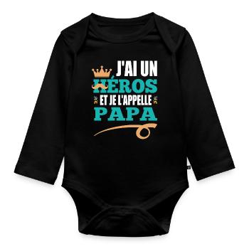 J'ai un héros et je l'appelle papa t-shirt - Body Bébé bio manches longues - noir - Devant