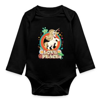 Love and Peace Unicorn - Flowerpower Hippie Design - Organic Longsleeve Baby Bodysuit - black - Front