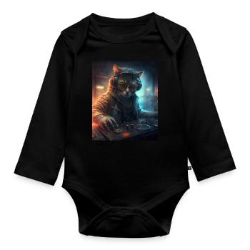 DJ Cat - Organic Longsleeve Baby Bodysuit - black - Front