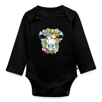 Kuh und Blumen - Baby Bio-Langarm-Body - Schwarz - Vorne