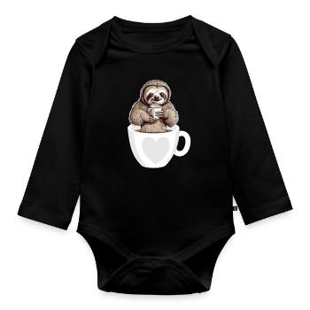 Coffee Cute Sloth In A Coffee Cup Drinking Coffee - Organic Longsleeve Baby Bodysuit - black - Front