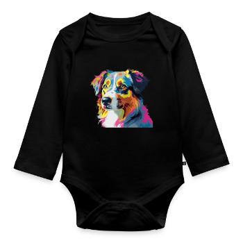 Australian Shepherd Hund Bunt - Baby Bio-Langarm-Body - Schwarz - Vorne