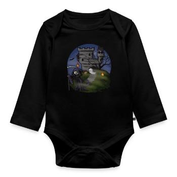 Halloween Phantom-Spuk-Schloss - Illustration - Baby Bio-Langarm-Body - Schwarz - Vorne