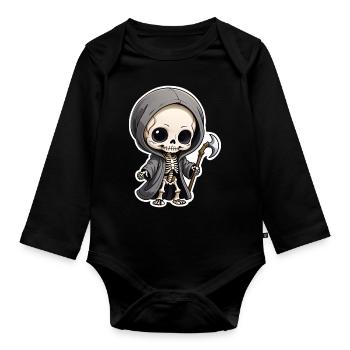 Halloween - niedlicher Tod - Skelett mit Sense - Baby Bio-Langarm-Body - Schwarz - Vorne