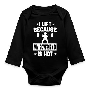 I Lift Because My boyfriend is hot motivation gym - Body Bébé bio manches longues - noir - Devant