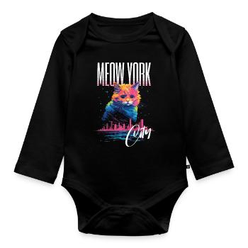 New York City, Cat, Meow, City, Skyline, America, USA - Organic Longsleeve Baby Bodysuit - black - Front