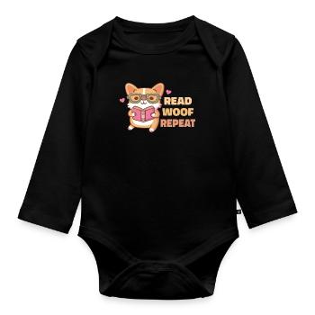 Niedlicher Corgi mit Brille Wuffwiederholung lesen - Baby Bio-Langarm-Body - Schwarz - Vorne