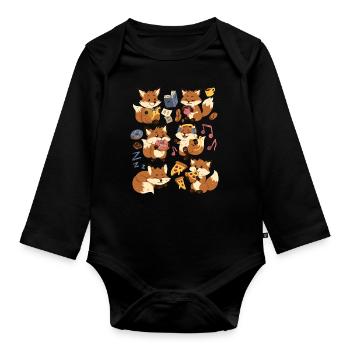 Fuchs: Pizza, Donut, Kaffe, Musik, Buch lesen - Baby Bio-Langarm-Body - Schwarz - Vorne
