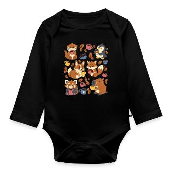 Kaffee: Capybara, Fuchs, Corgi, Otter, Pinguin - Baby Bio-Langarm-Body - Schwarz - Vorne