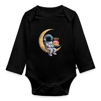 Astronaut on the moon with cake - Organic Longsleeve Baby Bodysuit - black - Front