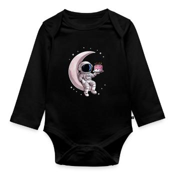 Astronaut with cake sitting on the moon - Organic Longsleeve Baby Bodysuit - black - Front