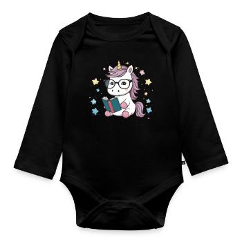 Licorne kawaii avec lunettes et livre - Body Bébé bio manches longues - noir - Devant