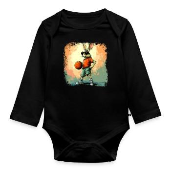 Hasen Basketball / Basketballer Hase - Baby Bio-Langarm-Body - Schwarz - Vorne