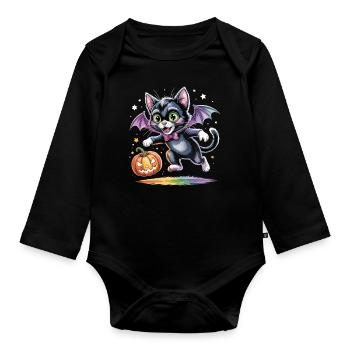 Bat cat with pumpkin - Organic Longsleeve Baby Bodysuit - black - Front