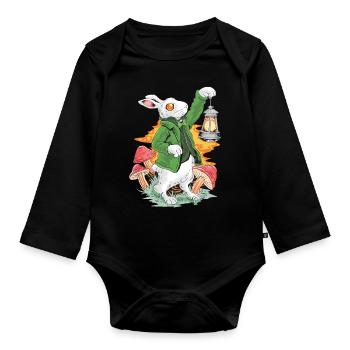 Rabbit with lamp and green jacket - Organic Longsleeve Baby Bodysuit - black - Front
