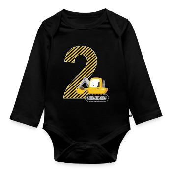 2. Geburtstag Geschenk Bagger Zahl 2 Jahre Jungen - Baby Bio-Langarm-Body - Schwarz - Vorne