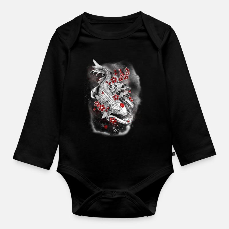 Carpe koi blanche Kohaku entourée de Sakura - Body Bébé bio manches longues - noir