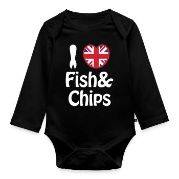 I Heart [Love] Fish & Chips - Organic Longsleeve Baby Bodysuit - black - Front
