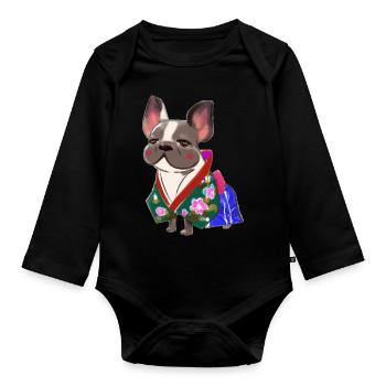 Japanese Style French Bulldog in Kimono - Organic Longsleeve Baby Bodysuit - black - Front