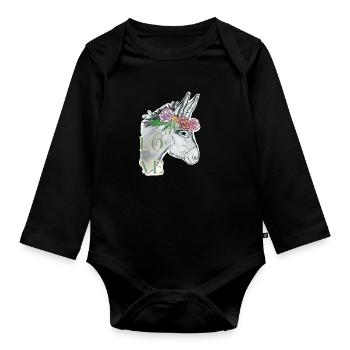ESEL - Love - Blumen - cute Donkey - Baby Bio-Langarm-Body - Schwarz - Vorne