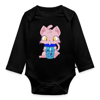 Cat with Fishbubble Tea - Organic Longsleeve Baby Bodysuit - black - Front