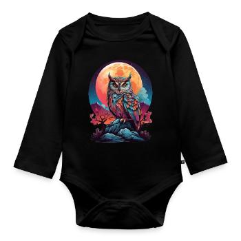 MYSTIQUE AU CLAIR DE LUNE : LA VEILLÉE NOCTURNE D’UN HIBOU COLORÉ - Body Bébé bio manches longues - noir - Devant