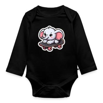 Cute baby elephant with skateboard Elephant mom - Organic Longsleeve Baby Bodysuit - black - Front