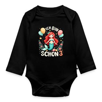 J’ai déjà 3 sirène fille d’anniversaire - Body Bébé bio manches longues - noir - Devant