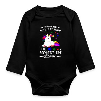 Unicorn Shirt - I go around the world Gift - Organic Longsleeve Baby Bodysuit - black - Front