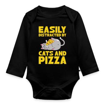 Facilement distrait par les chats et les pizzas - Body Bébé bio manches longues - noir - Devant