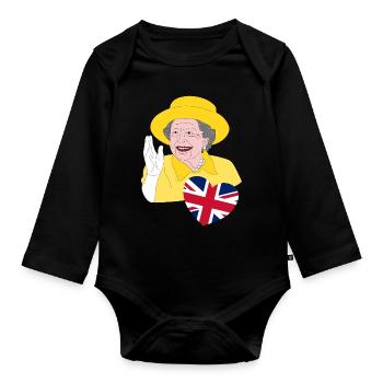 La reine britannique Elizabeth II avec Union Jack - Body Bébé bio manches longues - noir - Devant