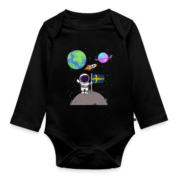 Moon Landing Planet Sweden Flag Astronaut - Organic Longsleeve Baby Bodysuit - black - Front