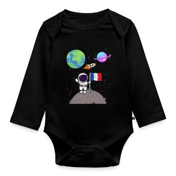 Moon Landing Planet France Flag Astronaut - Organic Longsleeve Baby Bodysuit - black - Front