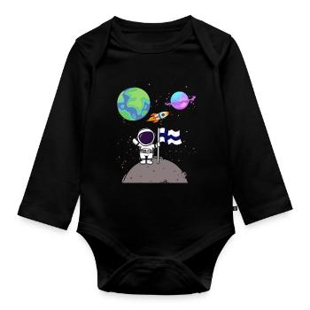 Moon Landing Planet Finland Flag Astronaut - Organic Longsleeve Baby Bodysuit - black - Front